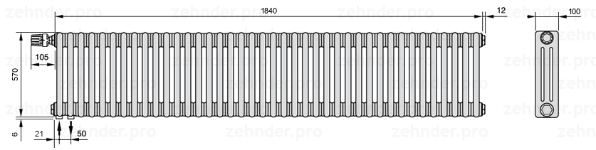 Схема (чертеж) Радиатор Zehnder Charleston 3057/40 №V001 Technoline TL